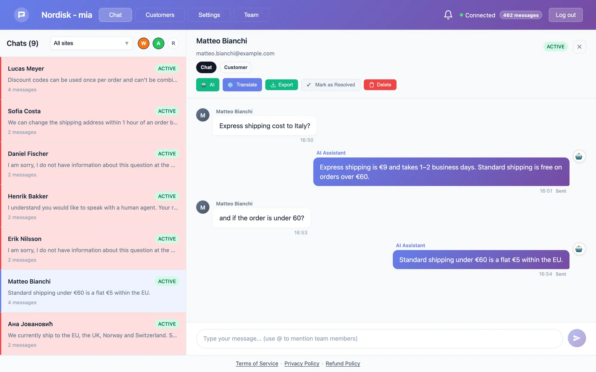 The agent panel with the AI answering a customer's shipping questions