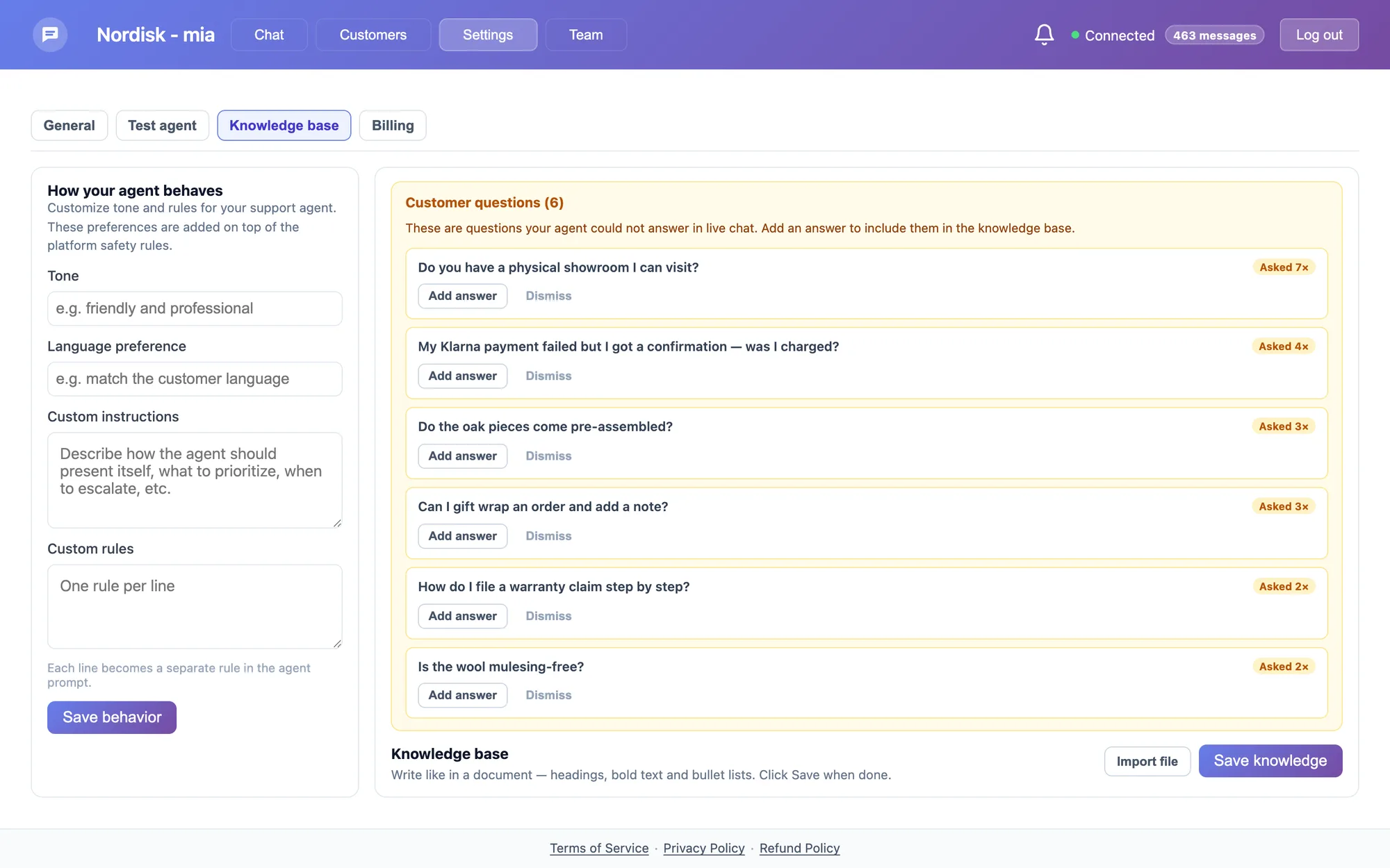 The customer-questions panel: questions the AI could not answer, each with an 'add answer' action