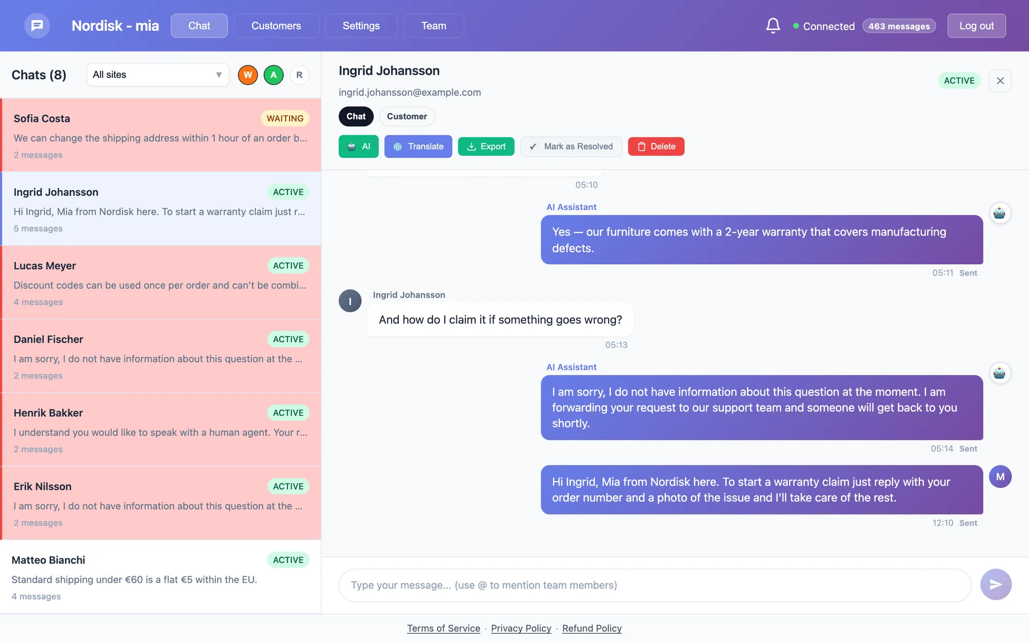 A human agent taking over a conversation after the AI escalated a warranty claim