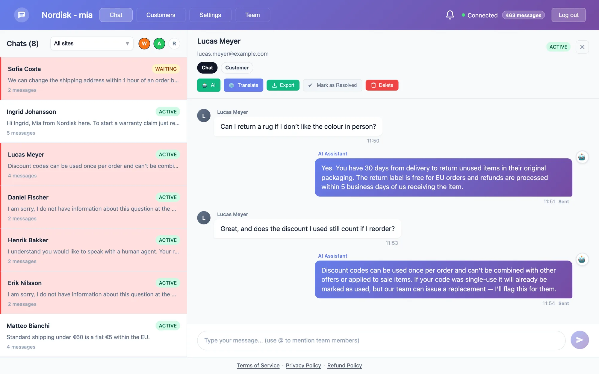 The Jaba agent inbox showing a queue of customer chats and an open conversation