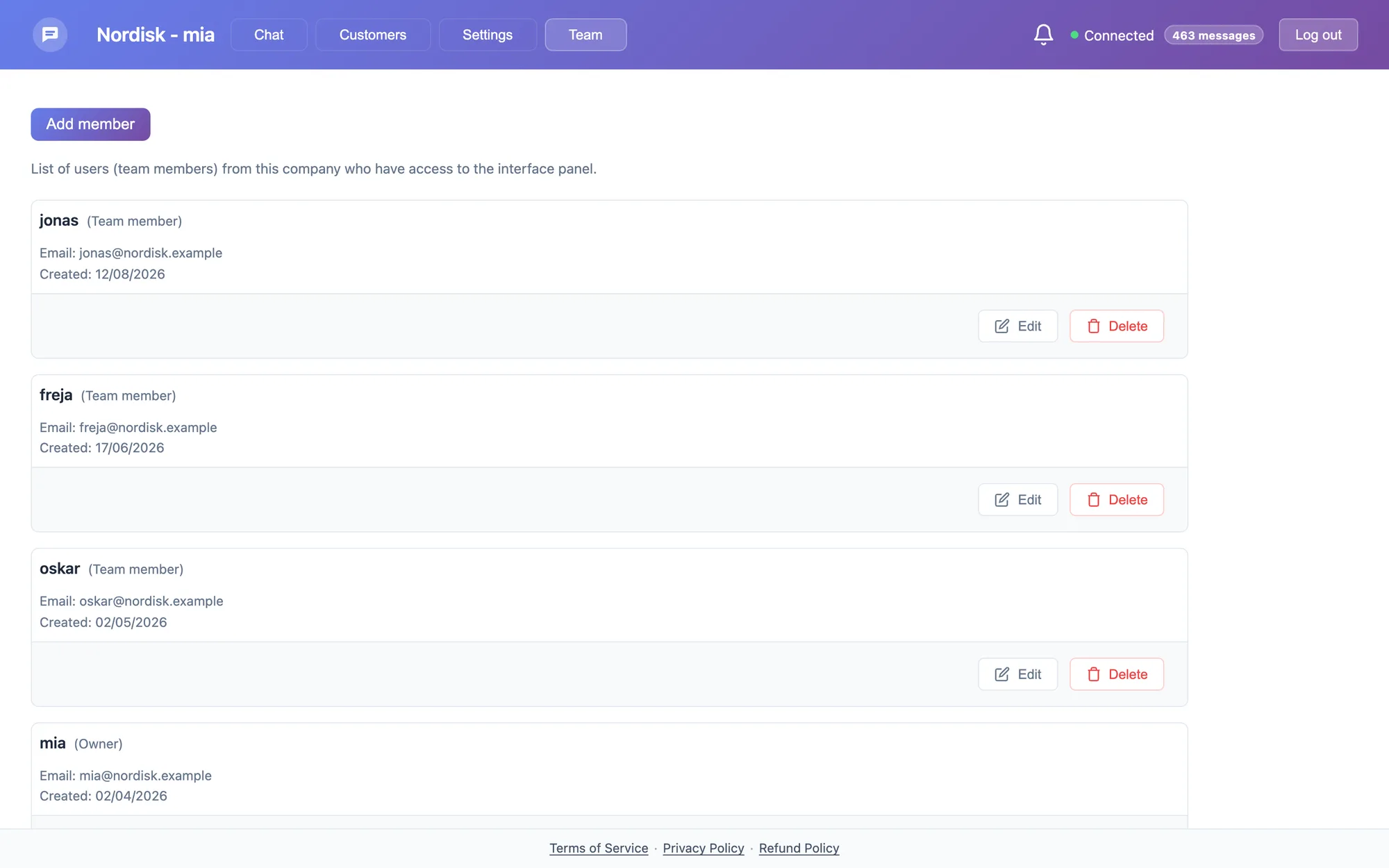 The team management screen listing agents with owner and member roles