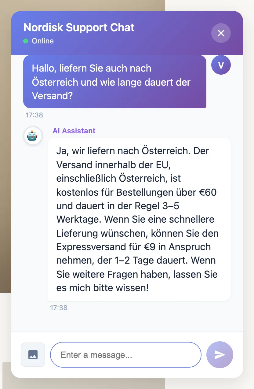 A customer asking a question in German and the AI answering in German