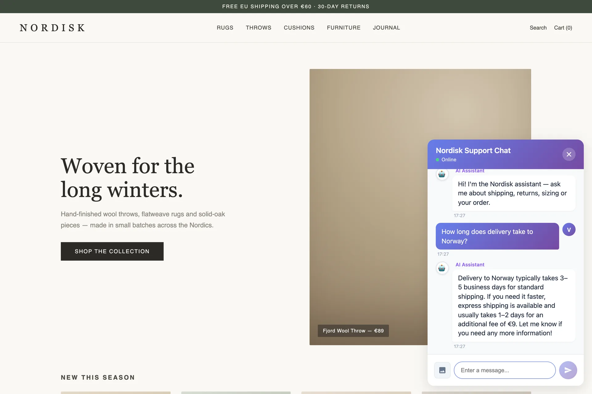 The Jaba chat widget open on an online store, the AI answering a customer's shipping question